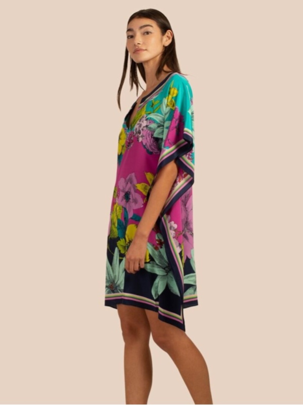 Trina Turk “Theodora” Bright Fuchsia & Turquoise Floral V-Neck Swim Coverup - Picture 15 of 16